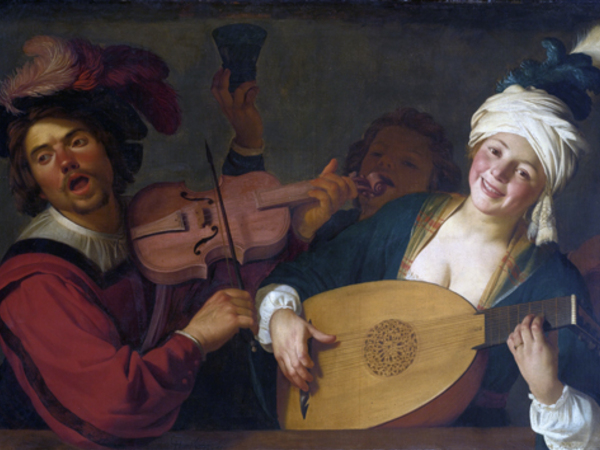 Slider 500 pix gerrit van honthorst  a merry group behind a balustrade with a violin and a lute player